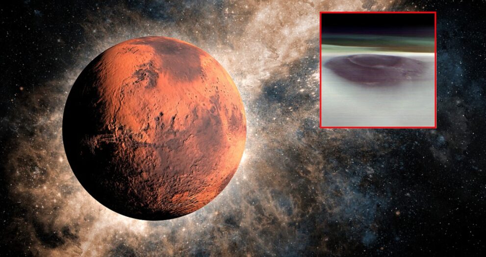 NASA's Mars Odyssey Orbiter acquired a rare and spectacular photograph of a volcanic plume rising 12 miles above the Martian surface.