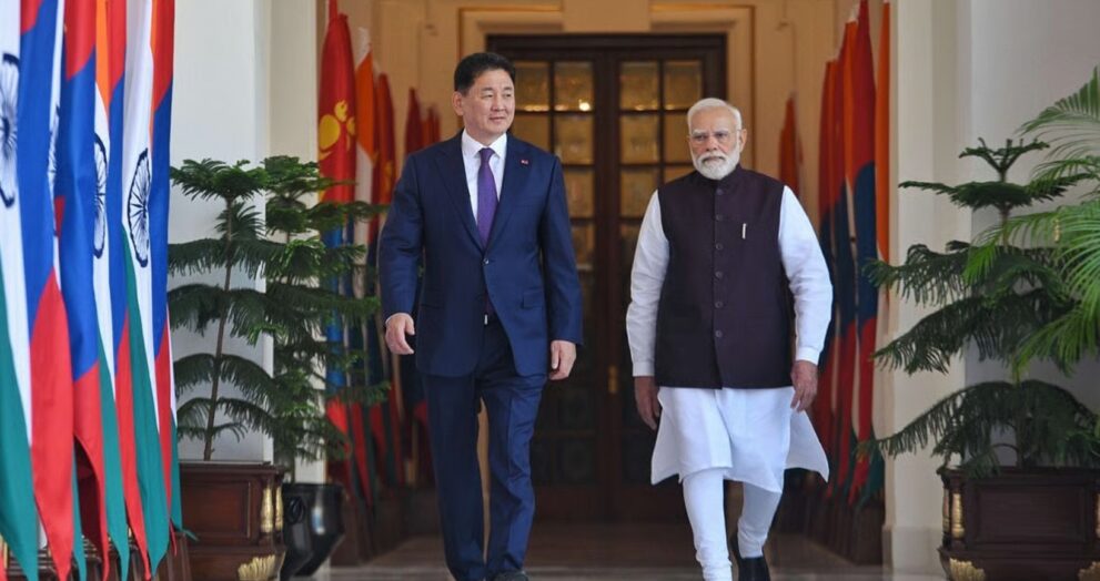 Prime Minister Narendra Modi met with Mongolian President Khurelsukh Ukhnaa in New Delhi to commemorate the 70th anniversary of the two countries' diplomatic relations.