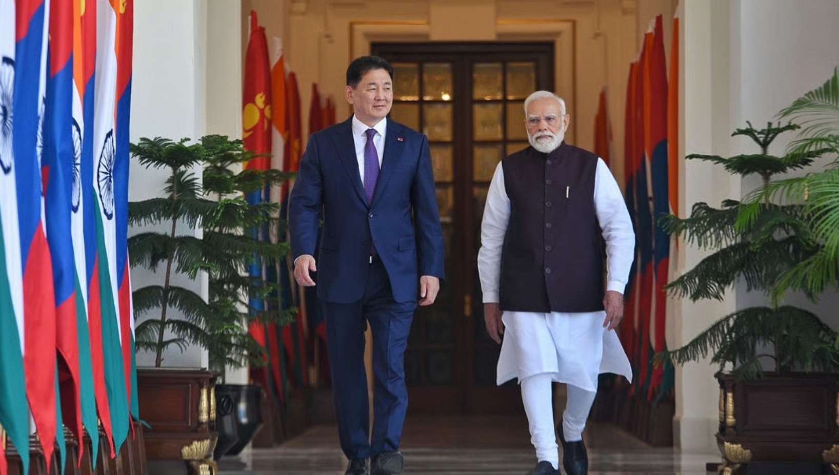 Prime Minister Narendra Modi met with Mongolian President Khurelsukh Ukhnaa in New Delhi to commemorate the 70th anniversary of the two countries' diplomatic relations.